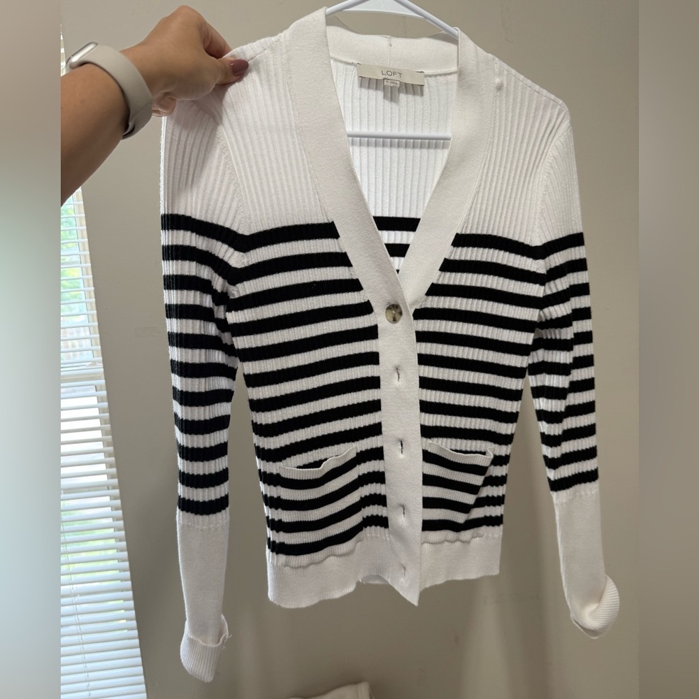 LOFT Black and White Striped Cardigan Sweater